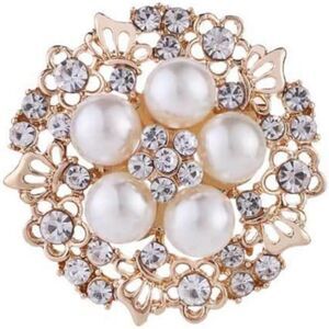 Women's Elegant Imitation Pearl Crystal Brooch Pin Wedding Bridal Gold F Style